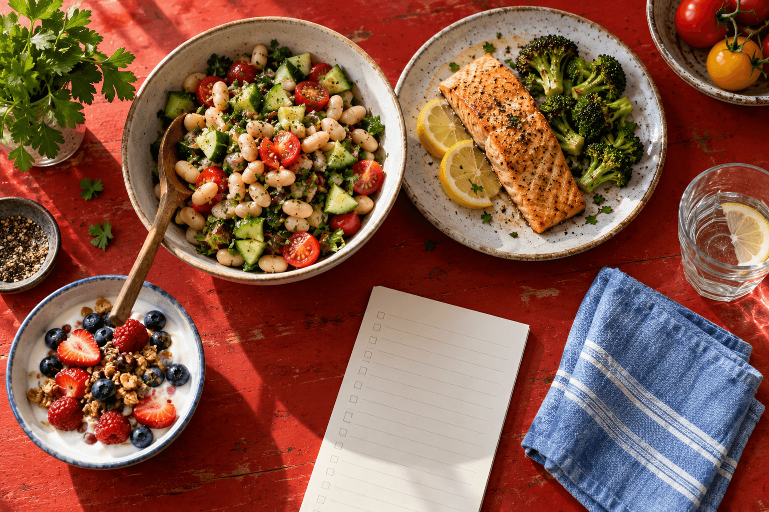 A colorful table with bean salad, salmon, yogurt, and a grocery checklist